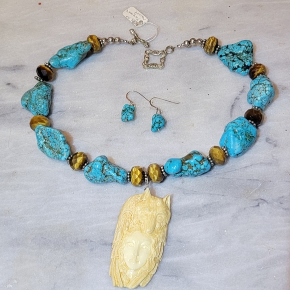 Hand Crafted Jewelry - Artisan Necklace 19" Turquoise Sterling Buffalo Bone Wolf Spirit Pendant Earring